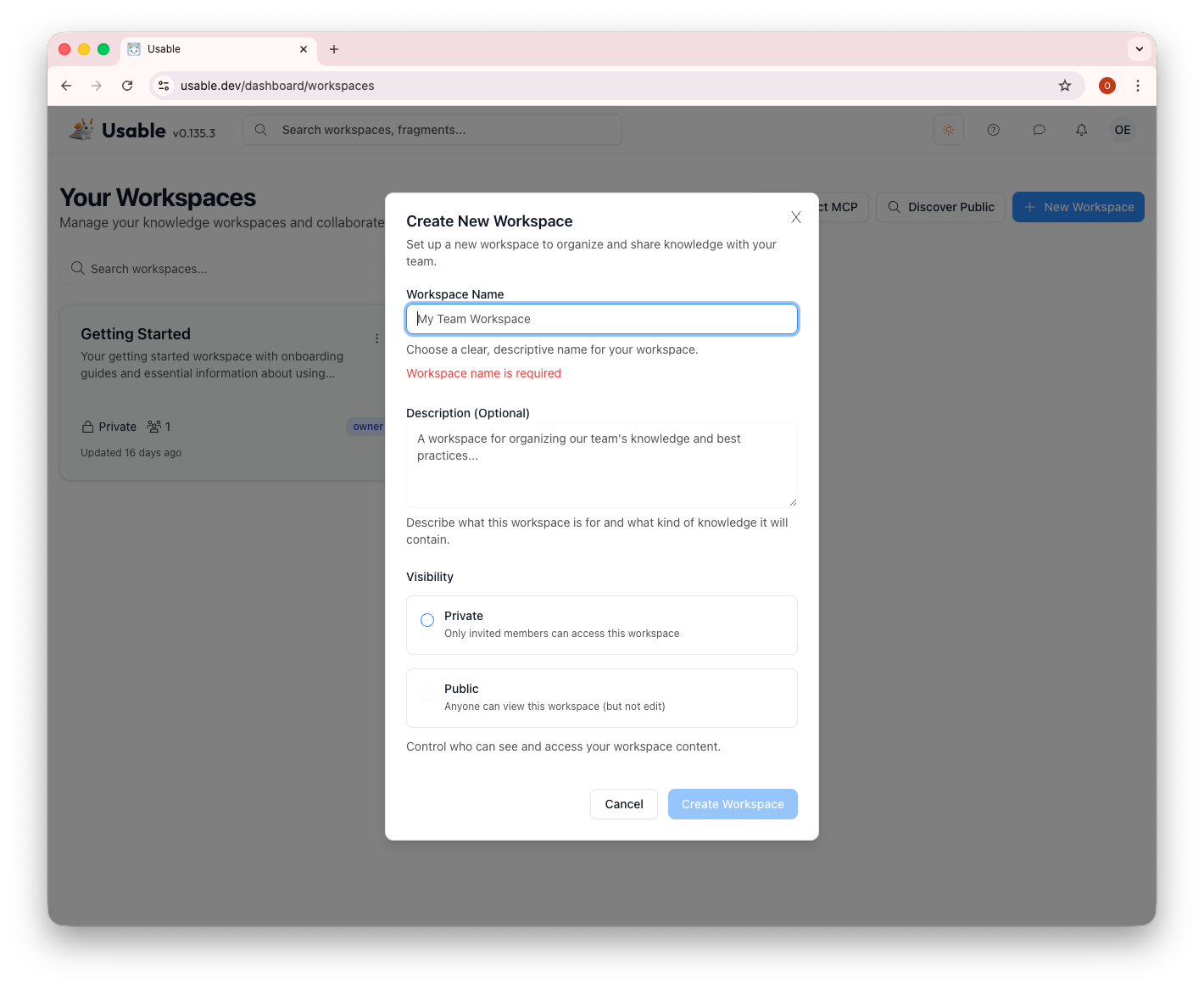Create workspace dialog